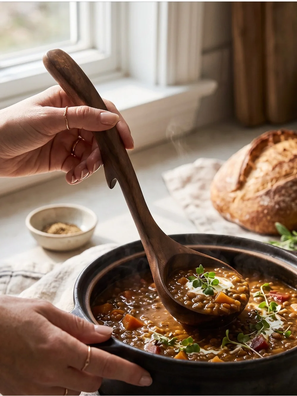 Handcrafted Wooden Serving Ladle - Brown